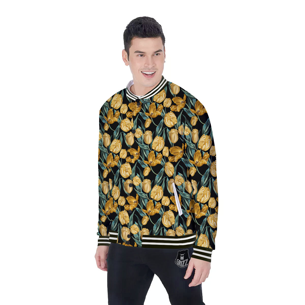Floral Yellow And Gold Print Baseball Jacket-grizzshop