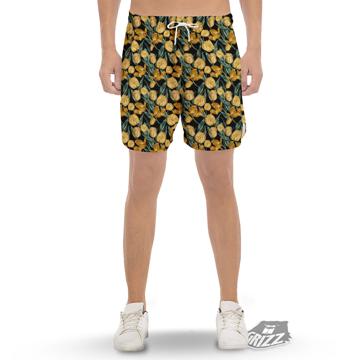 Floral Yellow And Gold Print Men's Gym Shorts-grizzshop