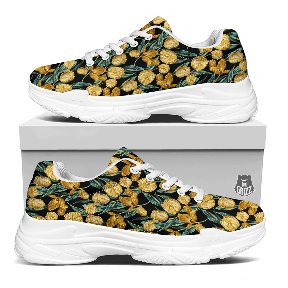 Floral Yellow And Gold Print White Chunky Shoes-grizzshop