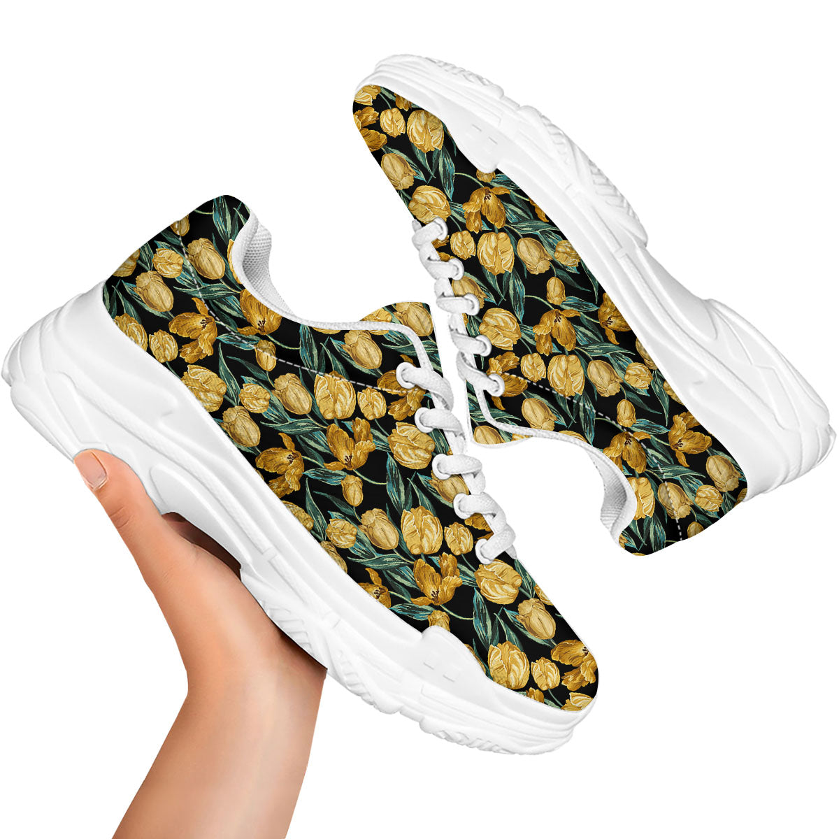 Floral Yellow And Gold Print White Chunky Shoes-grizzshop