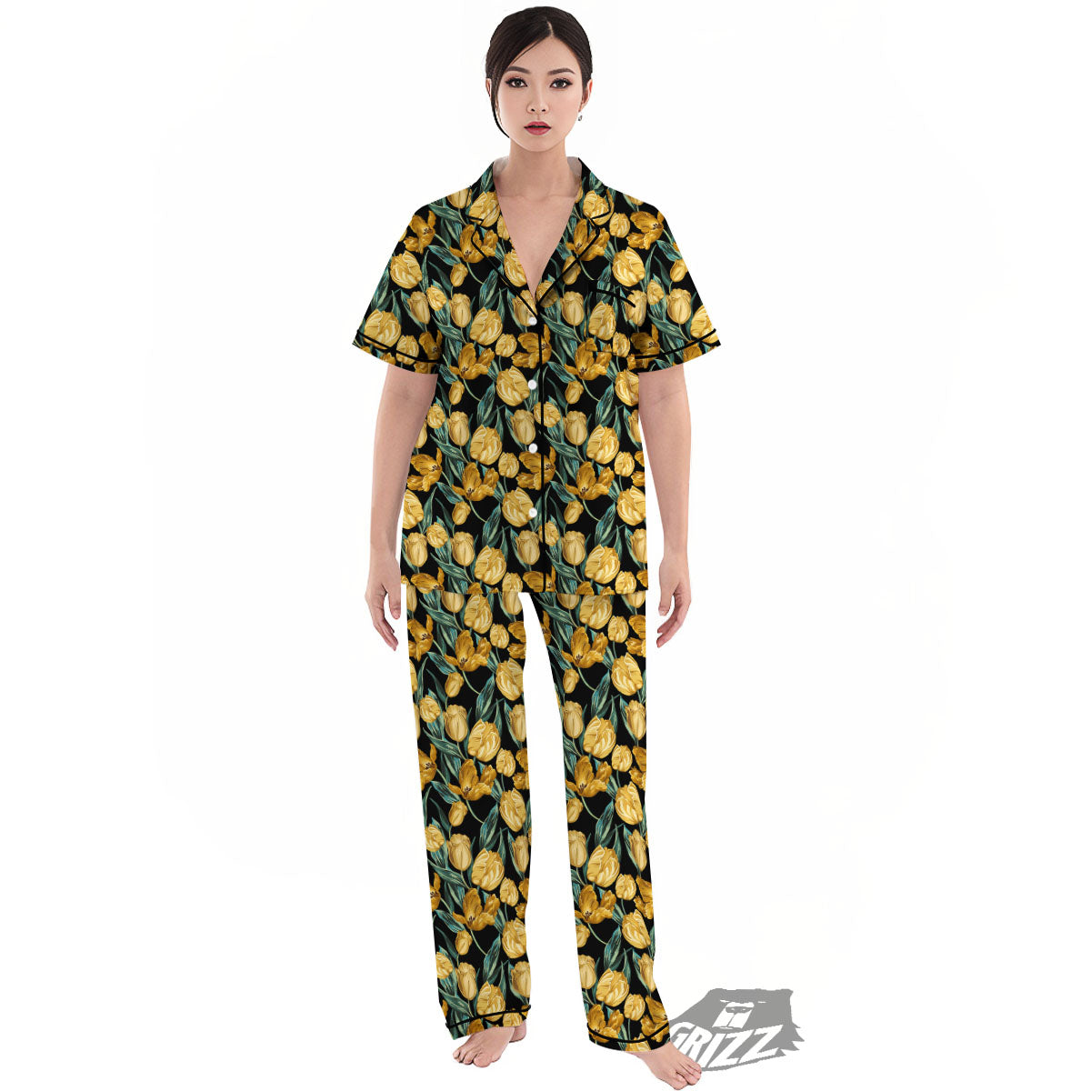 Floral Yellow And Gold Print Women's Pajamas Set-grizzshop