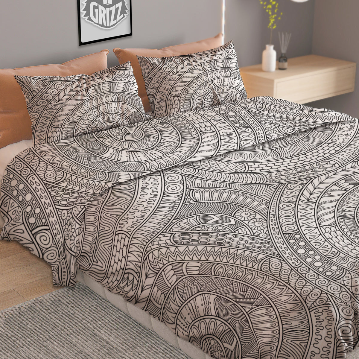 Floral Zentangle Print Pattern Duvet Cover Bedding Set