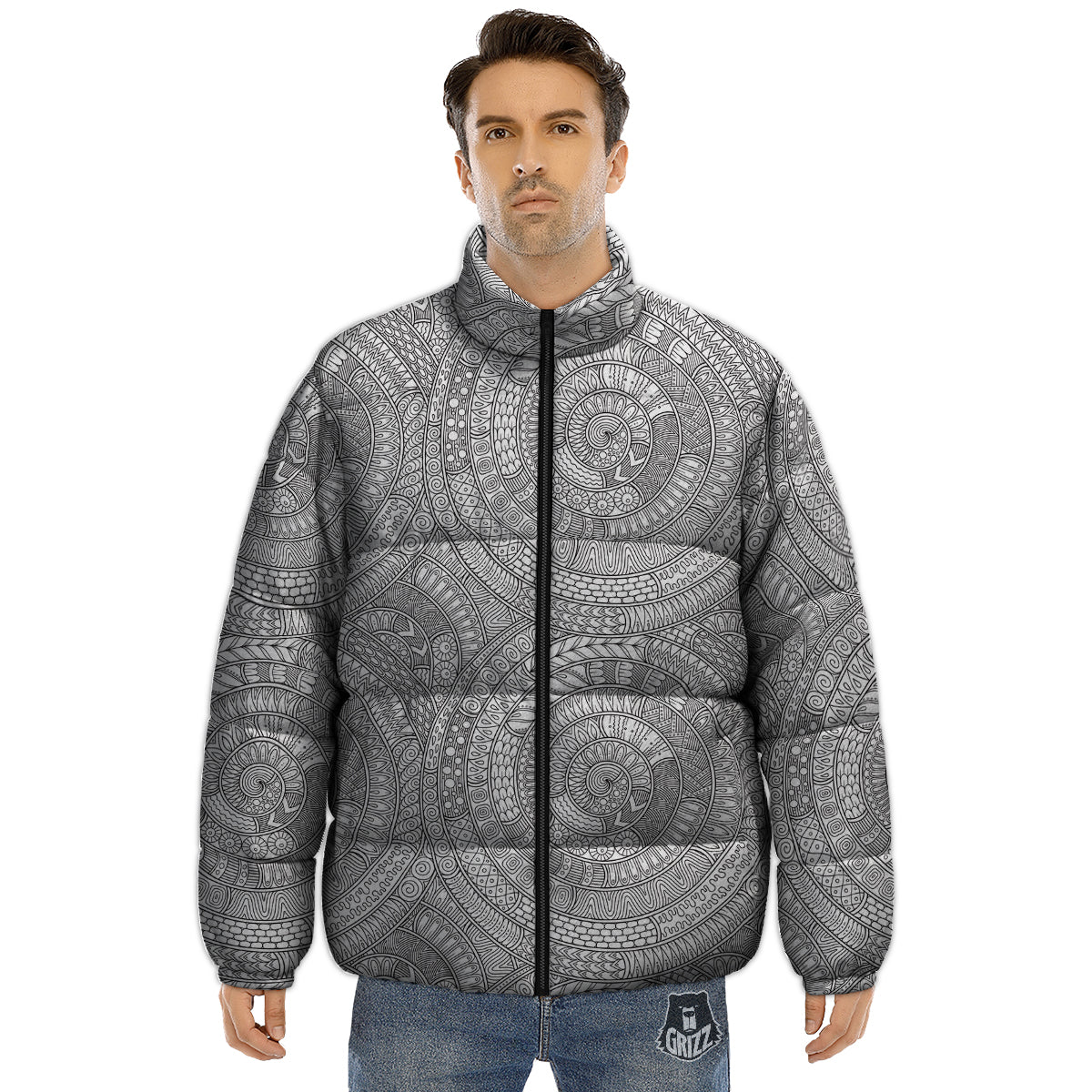 Floral Zentangle Print Pattern Puffer Jacket-grizzshop