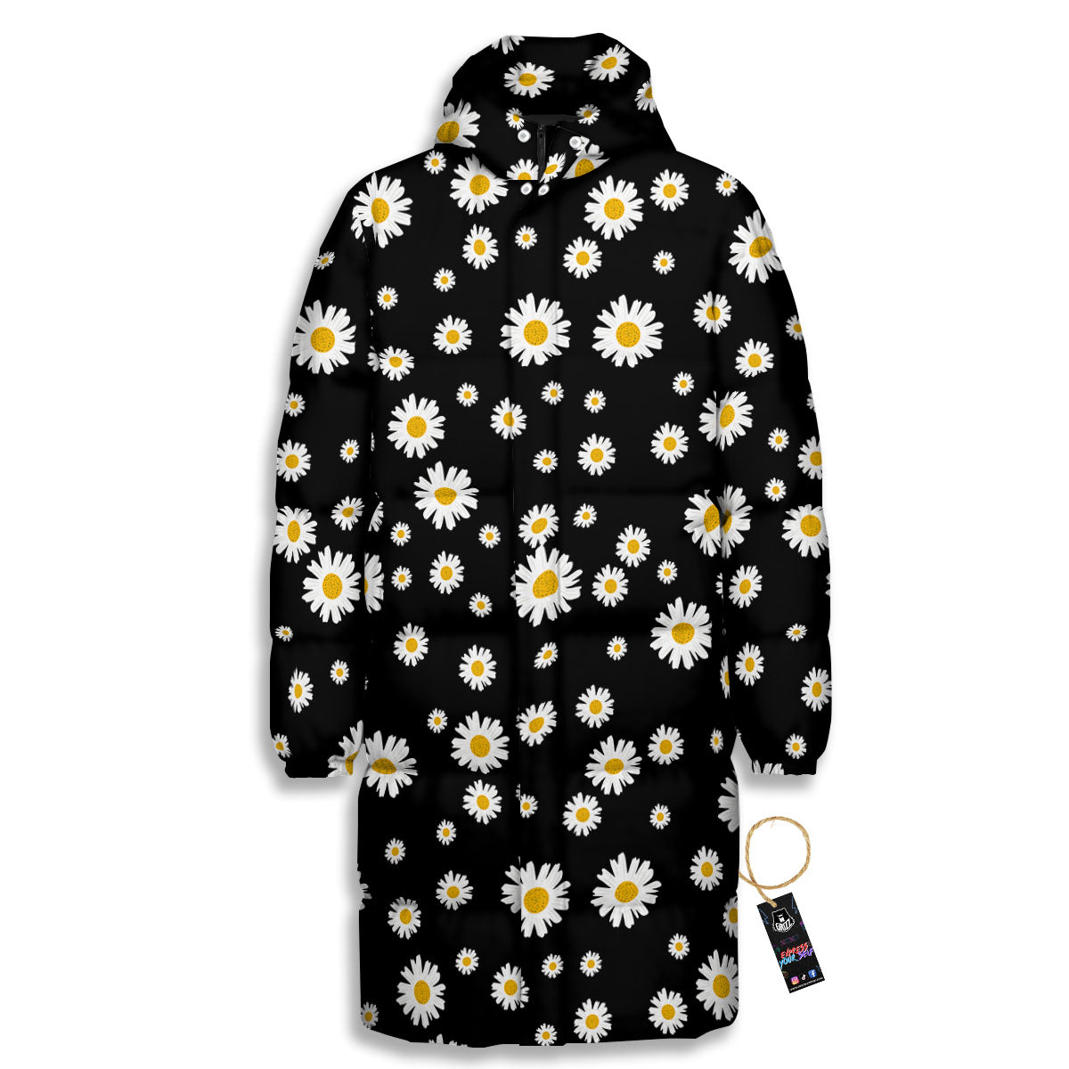 Floral Black Daisy Print Pattern Long Down Jacket
