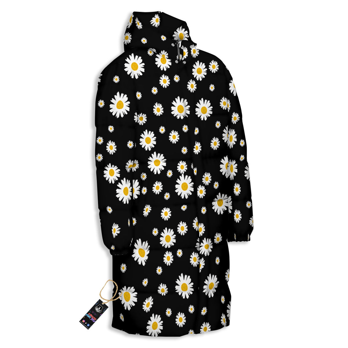 Floral Black Daisy Print Pattern Long Down Jacket