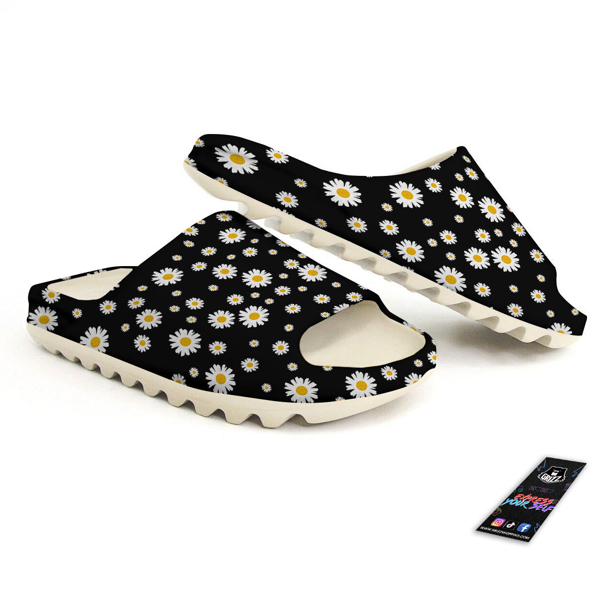 Floral Black Daisy Print Pattern Sandals-grizzshop