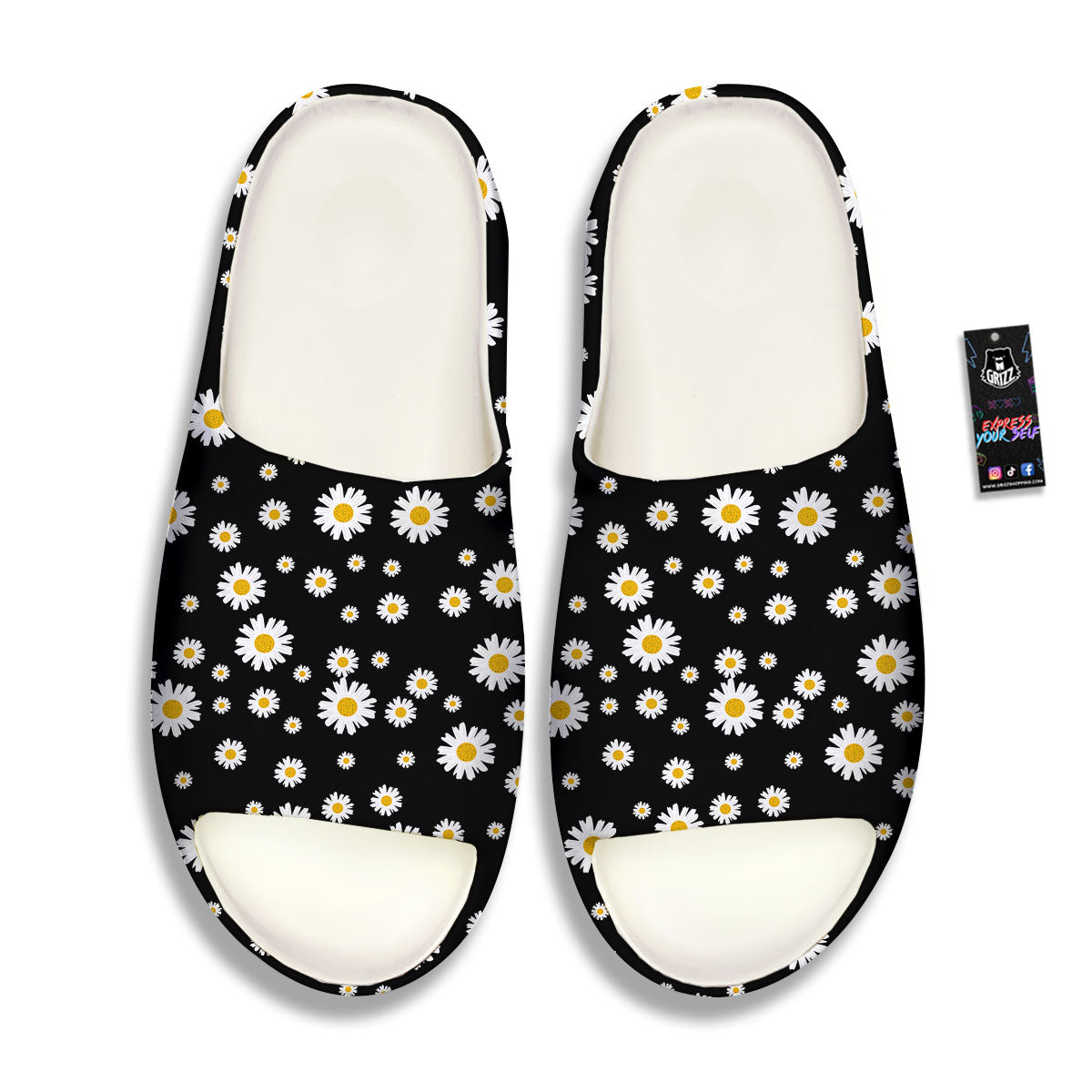 Floral Black Daisy Print Pattern Sandals-grizzshop