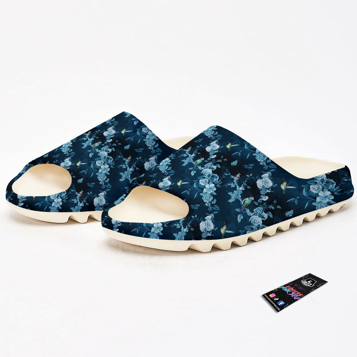 Floral Hummingbird Dark Blue Print Sandals-grizzshop
