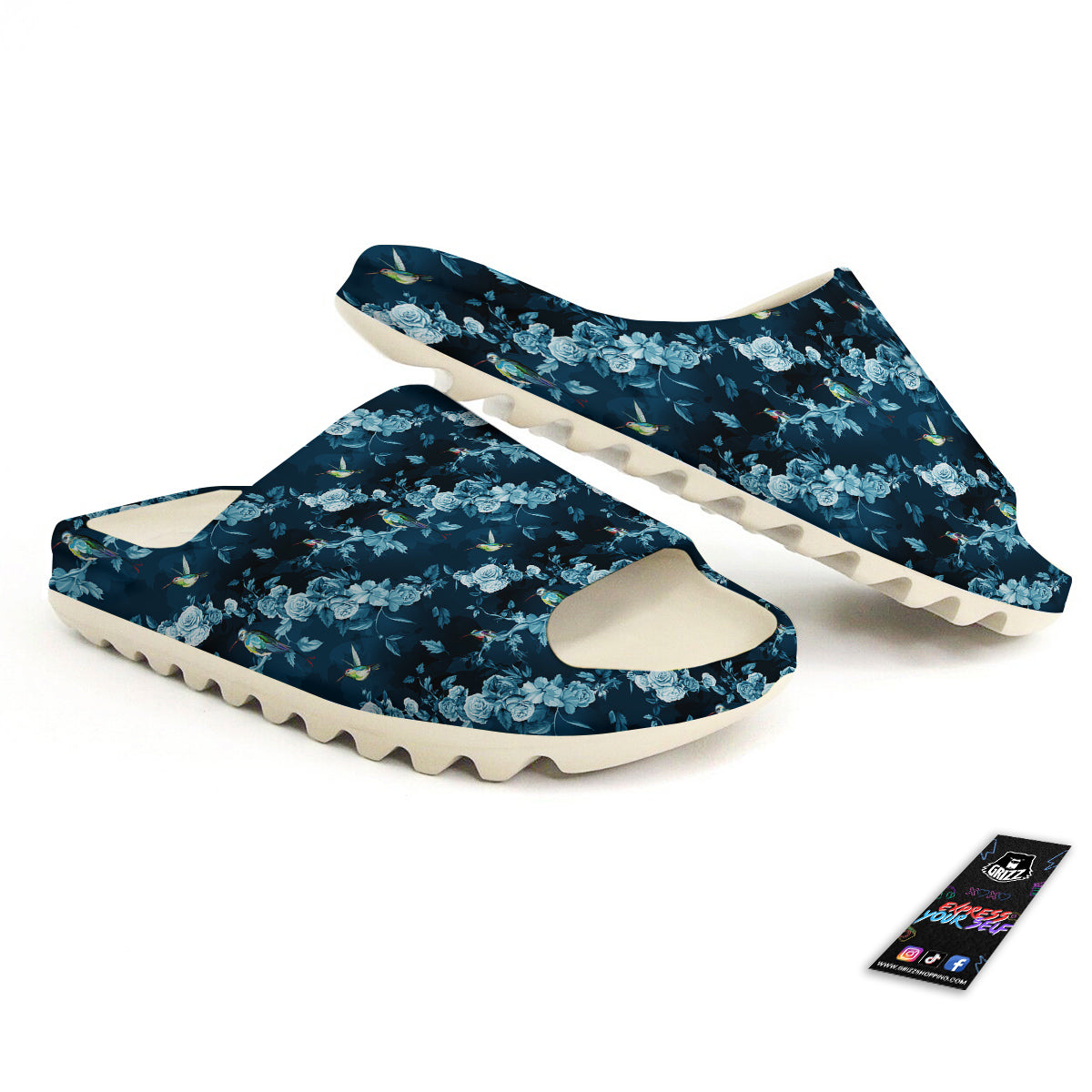 Floral Hummingbird Dark Blue Print Sandals-grizzshop