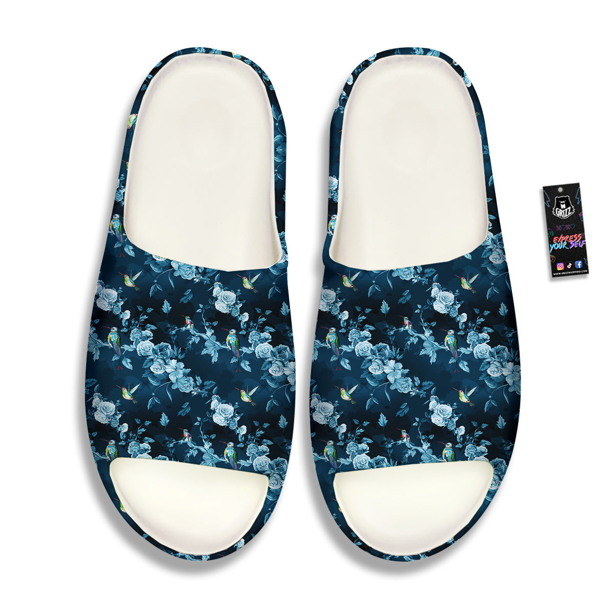 Floral Hummingbird Dark Blue Print Sandals-grizzshop