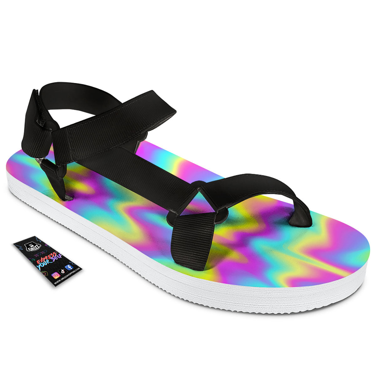 Flow Rainbow Print Pattern Black Open Toe Sandals-grizzshop