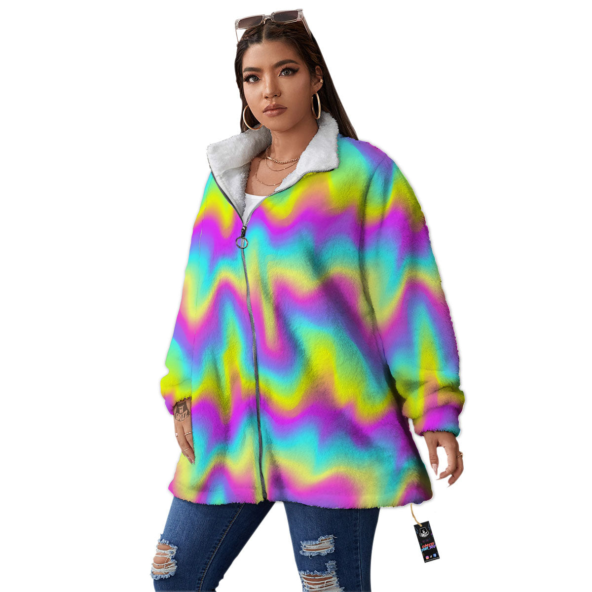 Flow Rainbow Print Pattern Women's Sherpa Jacket-grizzshop