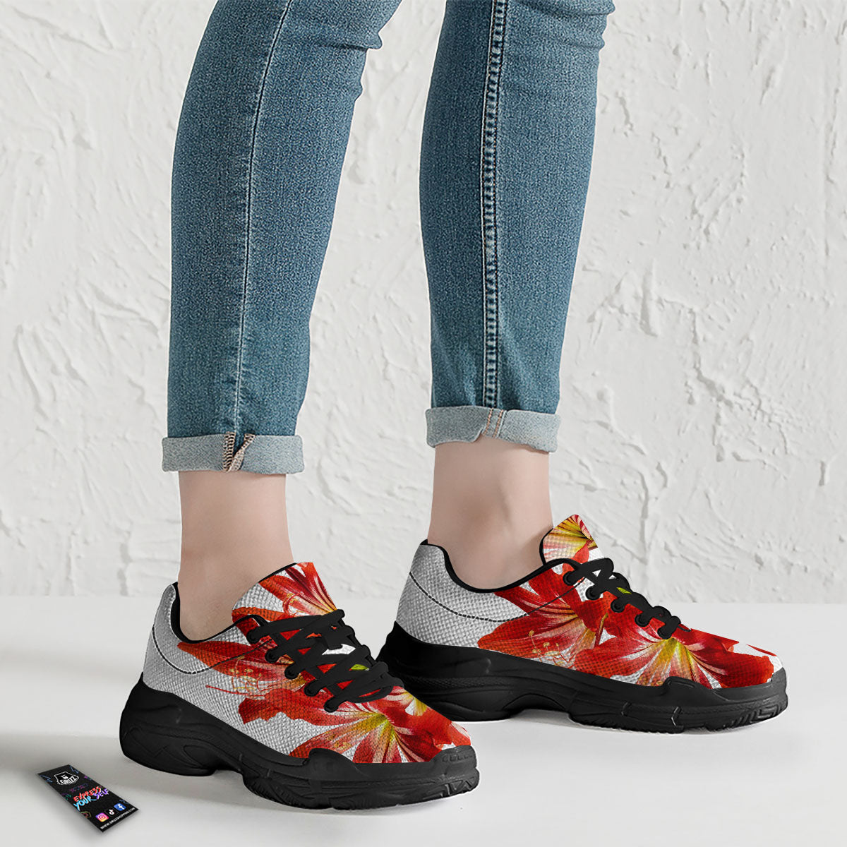 Flower Amaryllis Print Black Chunky Shoes-grizzshop