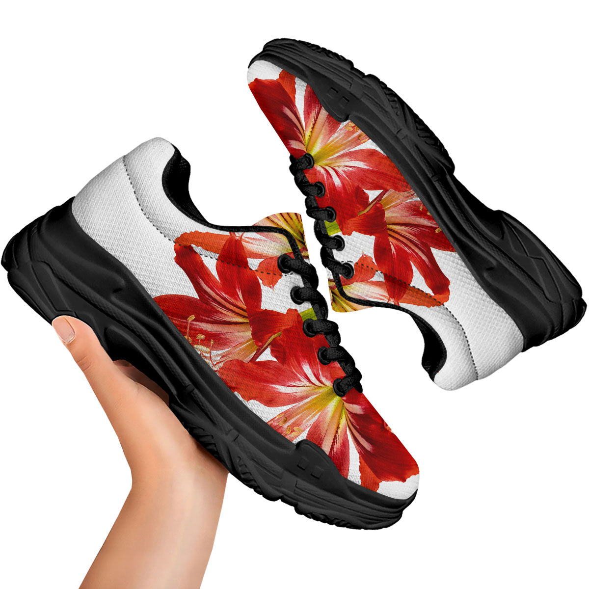 Flower Amaryllis Print Black Chunky Shoes-grizzshop