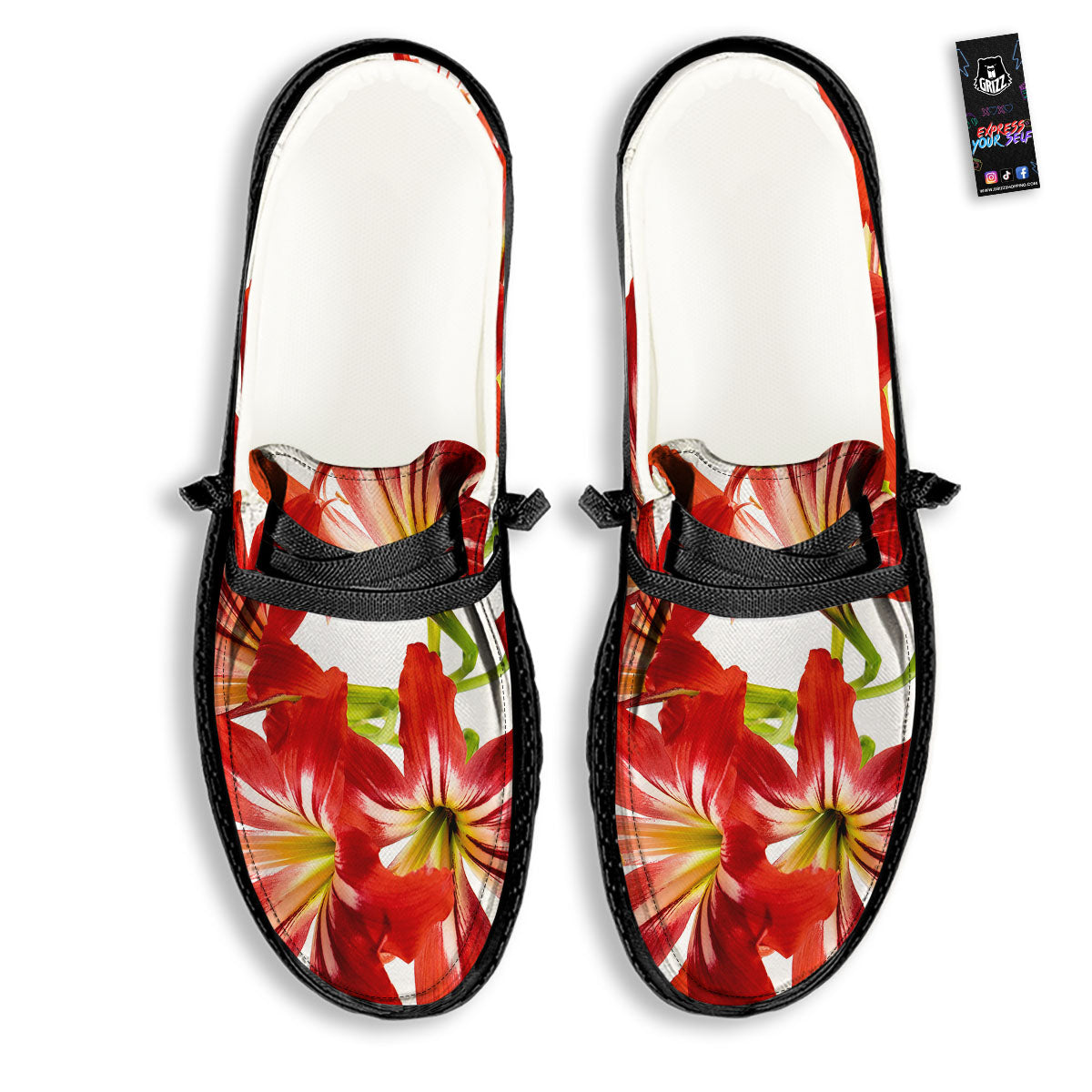 Flower Amaryllis Print Black Loafers-grizzshop
