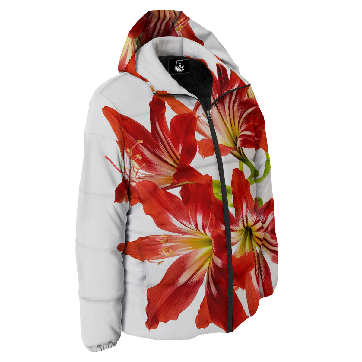 Flower Amaryllis Print Down Jacket-grizzshop