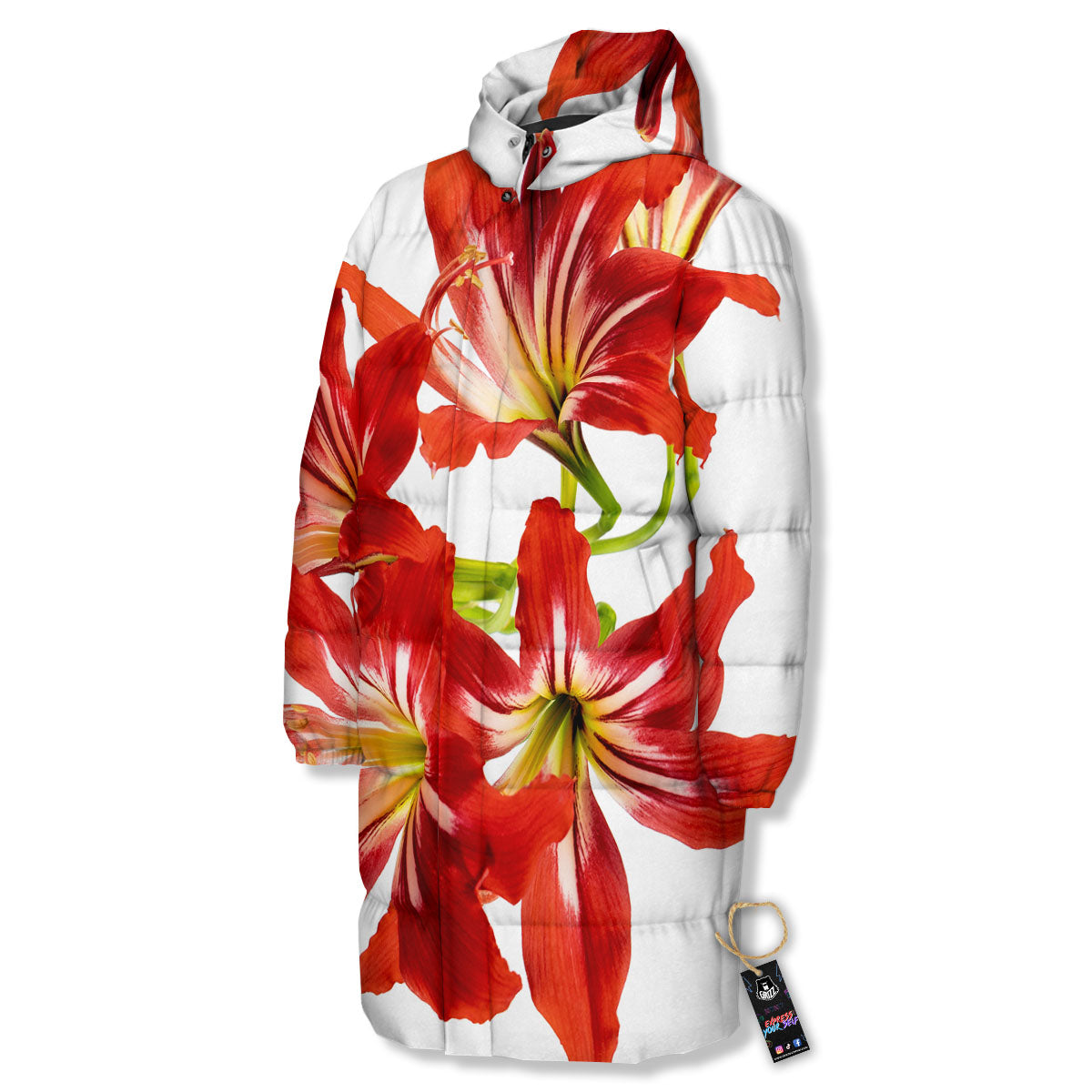 Flower Amaryllis Print Long Down Jacket-grizzshop