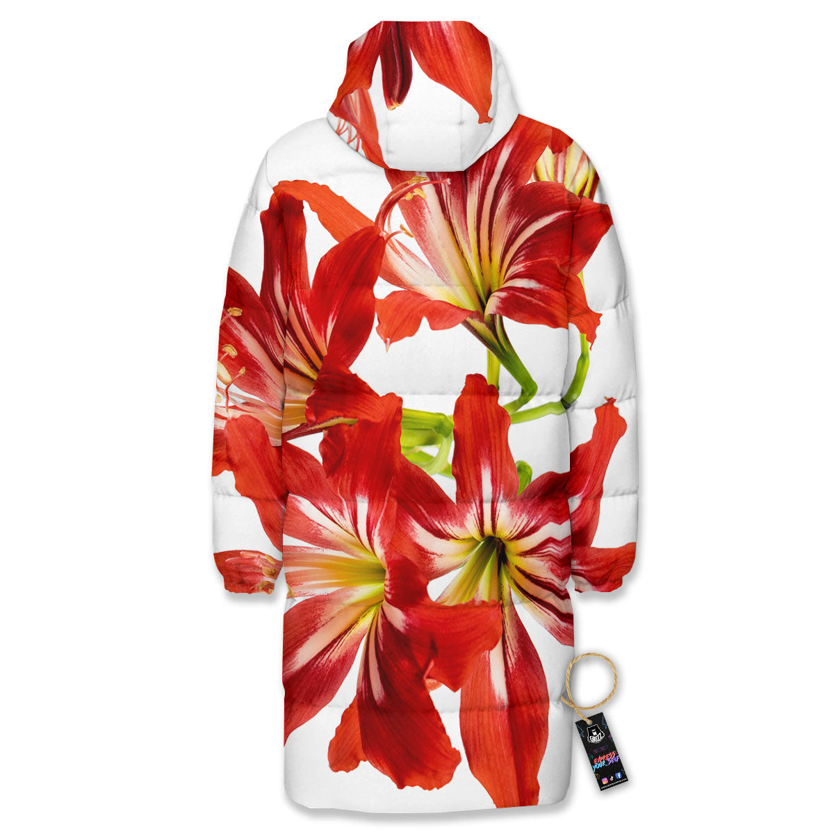 Flower Amaryllis Print Long Down Jacket-grizzshop