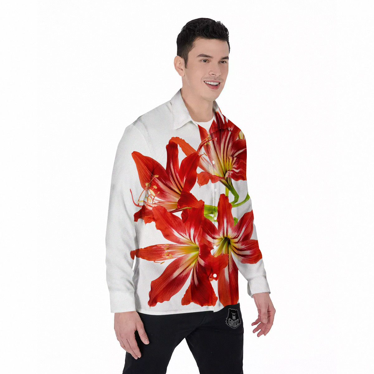 Flower Amaryllis Print Men's Long Sleeve Shirts-grizzshop