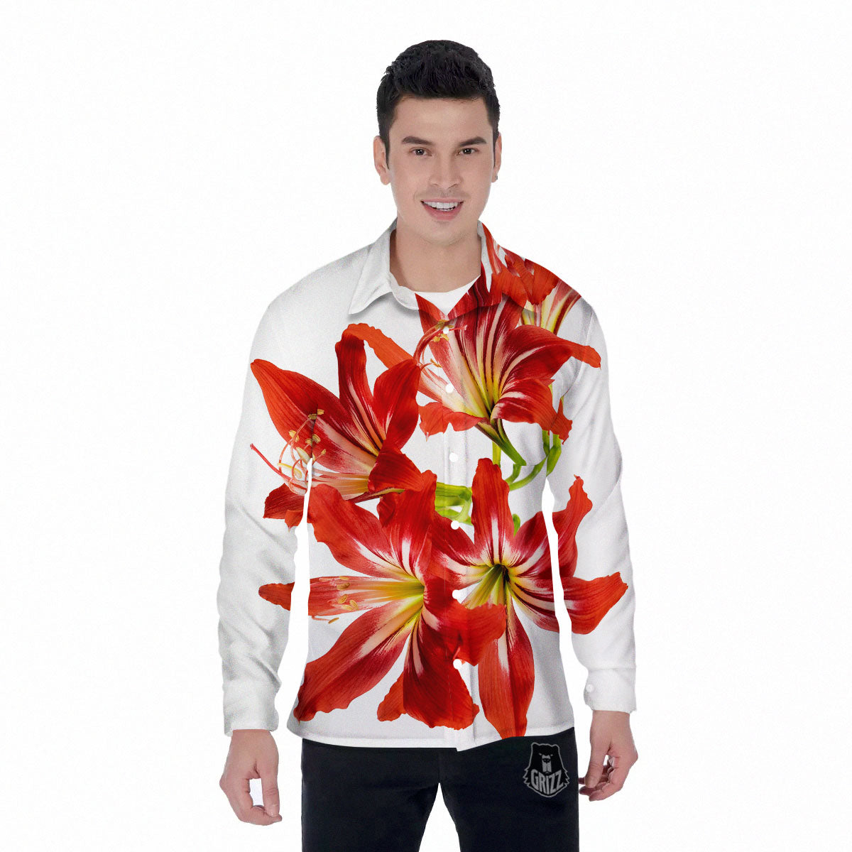 Flower Amaryllis Print Men's Long Sleeve Shirts-grizzshop