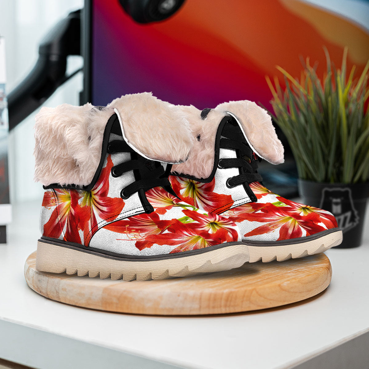 Flower Amaryllis Print Snow Boots-grizzshop