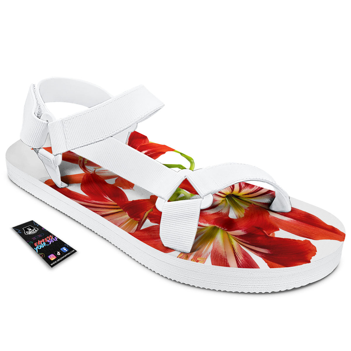Flower Amaryllis Print White Open Toe Sandals-grizzshop