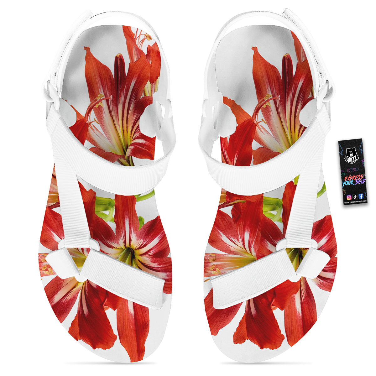 Flower Amaryllis Print White Open Toe Sandals-grizzshop