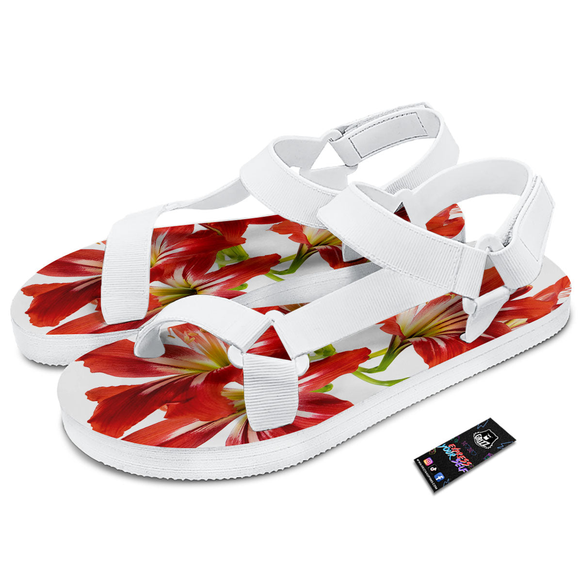Flower Amaryllis Print White Open Toe Sandals-grizzshop