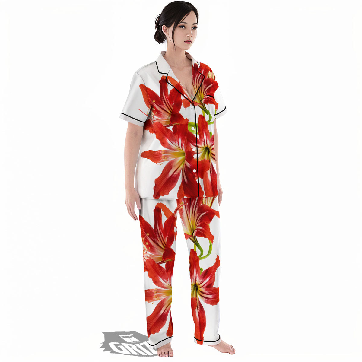 Flower Amaryllis Print Women's Pajamas Set-grizzshop