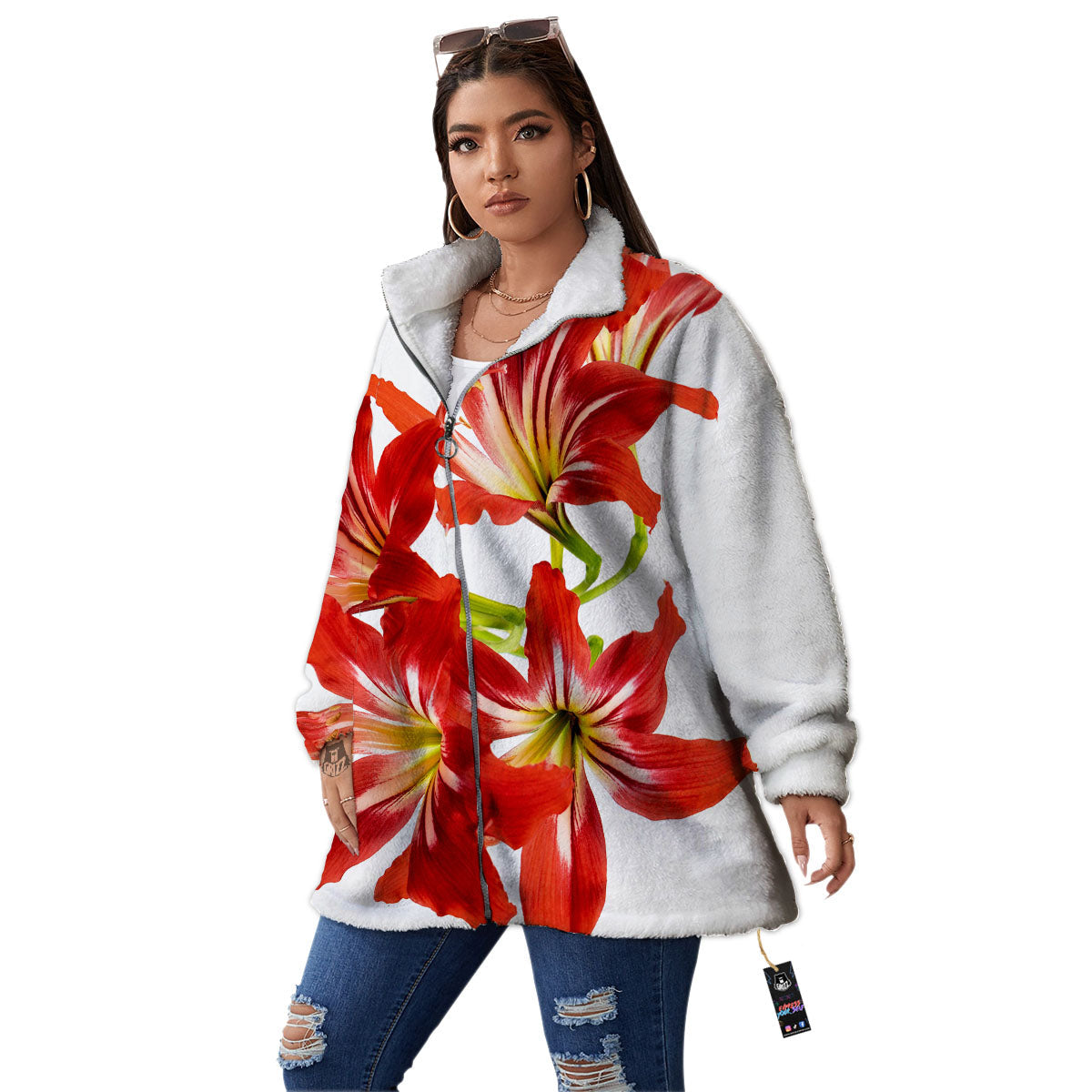 Flower Amaryllis Print Women's Sherpa Jacket-grizzshop