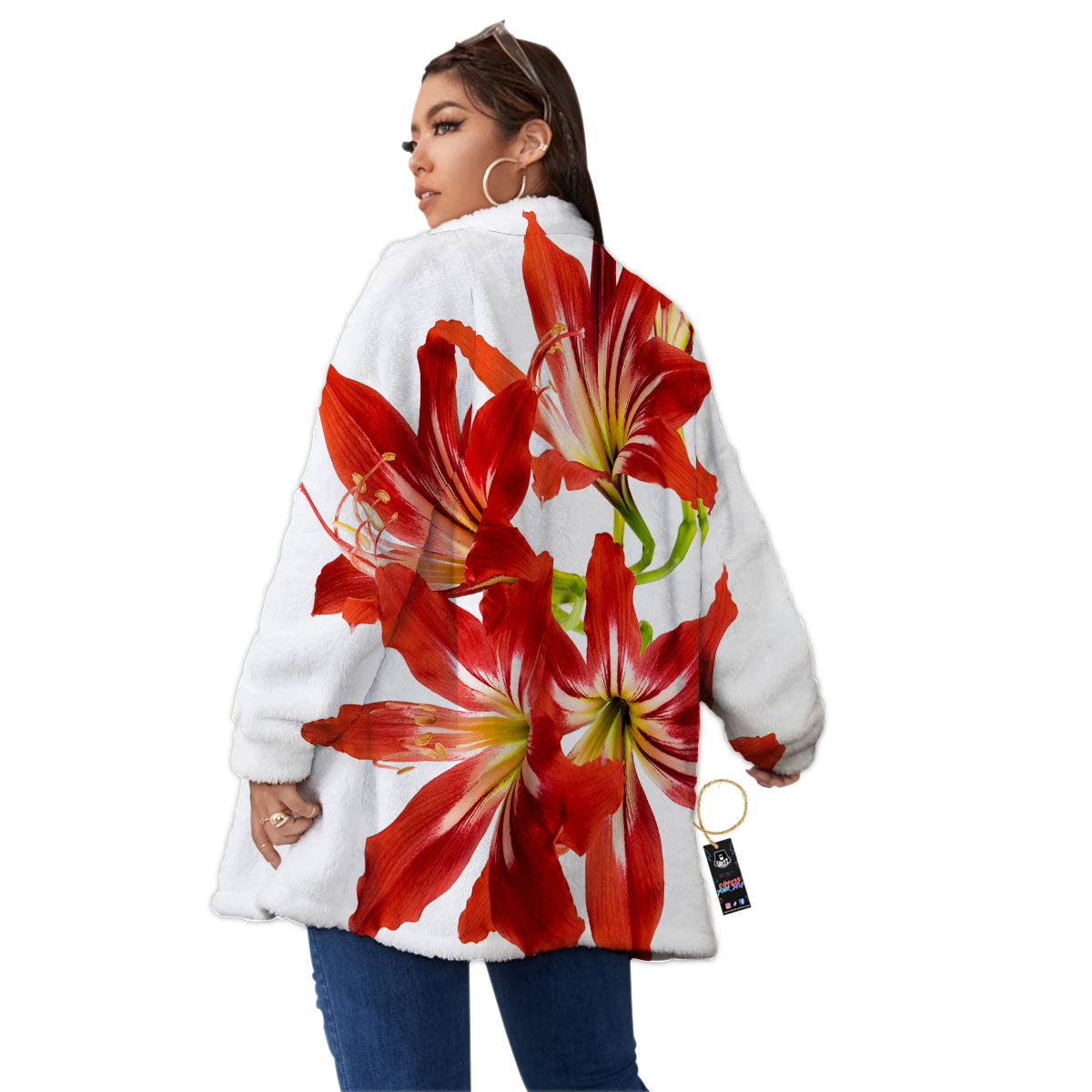 Flower Amaryllis Print Women's Sherpa Jacket-grizzshop