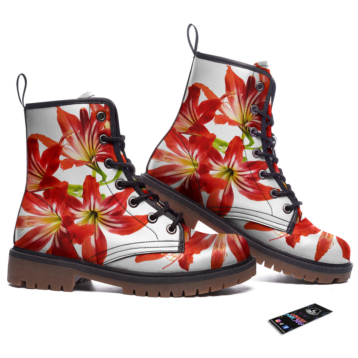 Flower Amaryllis Print Work Boots-grizzshop
