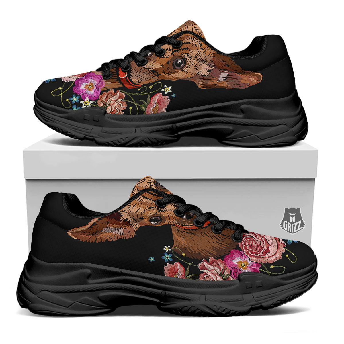 Flower And Chihuahua Embroidery Print Black Chunky Shoes-grizzshop