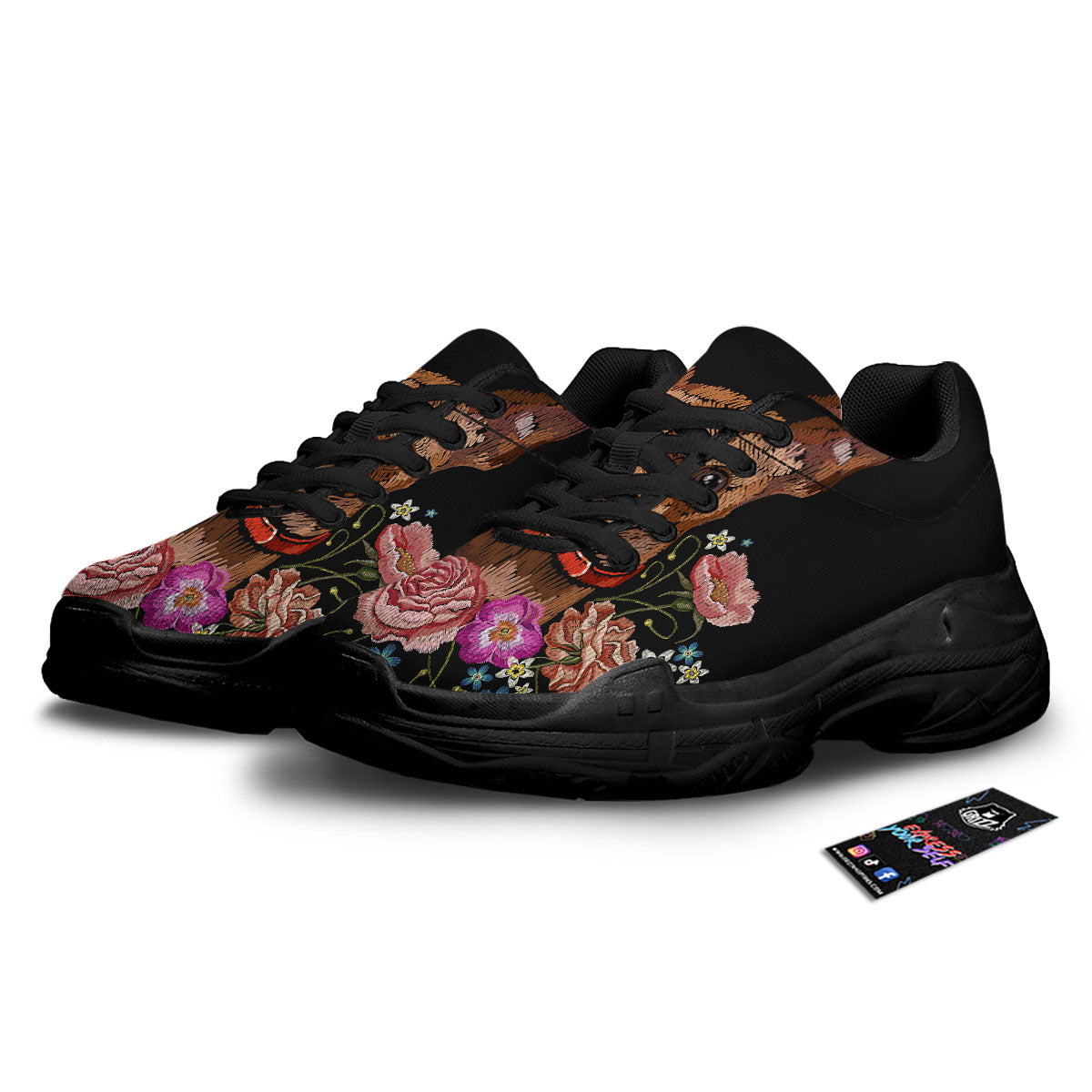 Flower And Chihuahua Embroidery Print Black Chunky Shoes-grizzshop