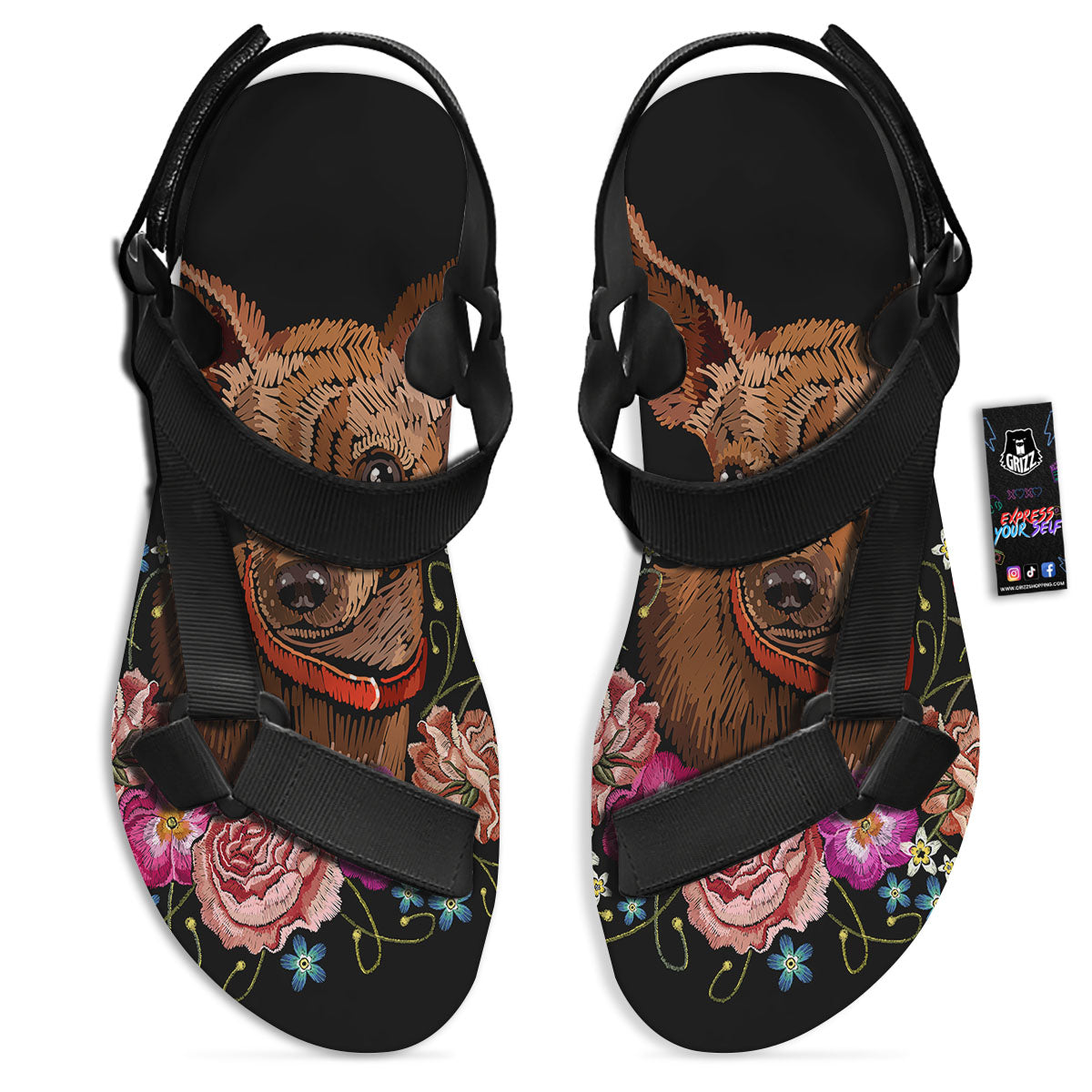 Flower And Chihuahua Embroidery Print Black Open Toe Sandals-grizzshop