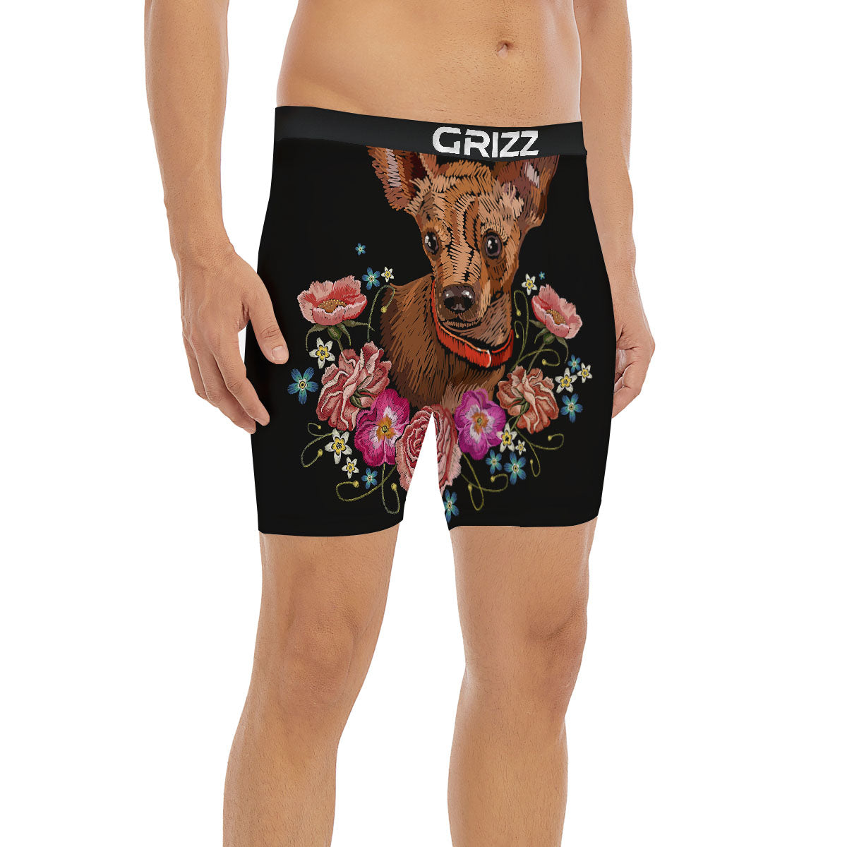Flower And Chihuahua Embroidery Print Boxer Briefs-grizzshop