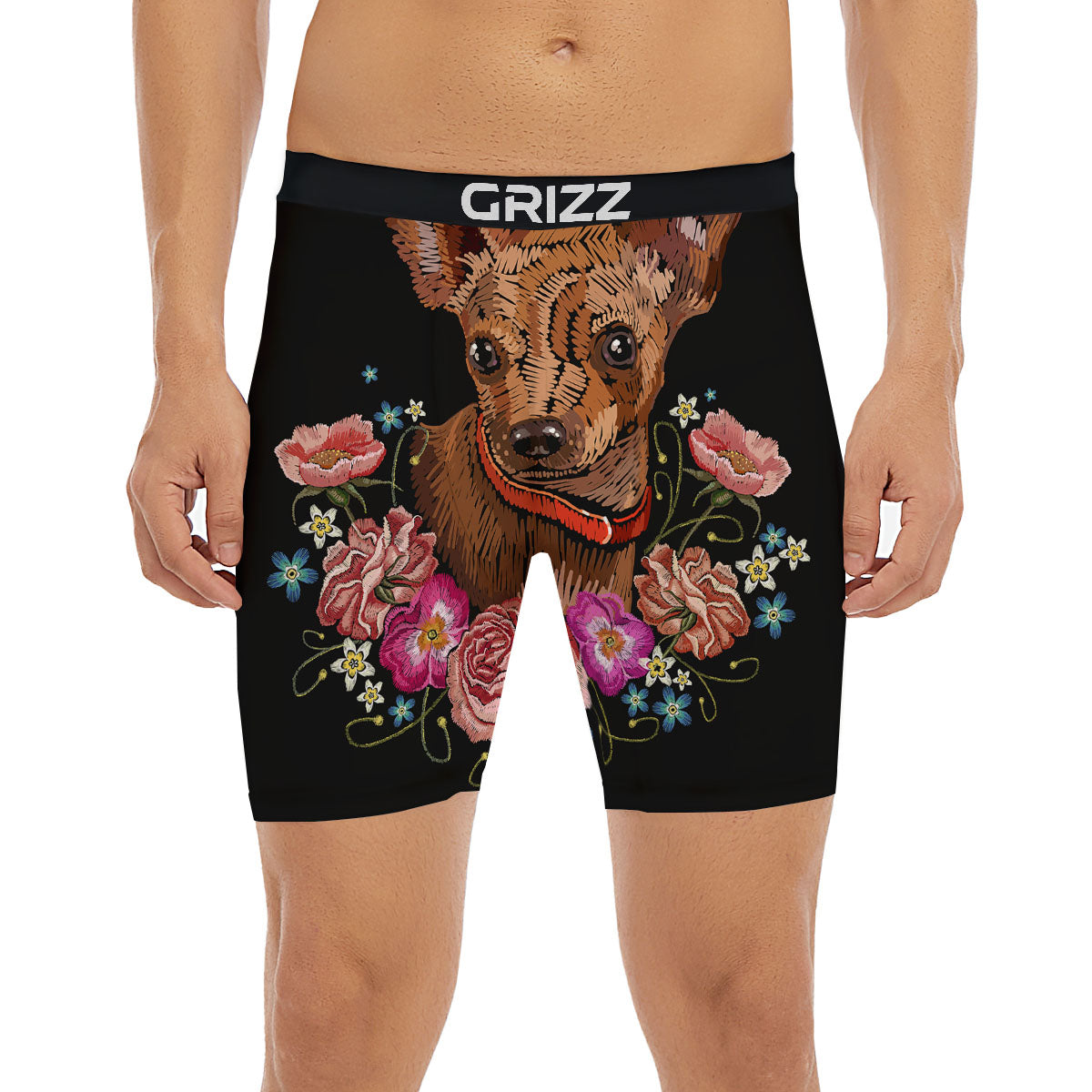 Flower And Chihuahua Embroidery Print Boxer Briefs-grizzshop