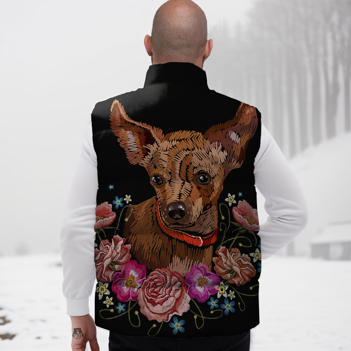 Flower And Chihuahua Embroidery Print Down Vest