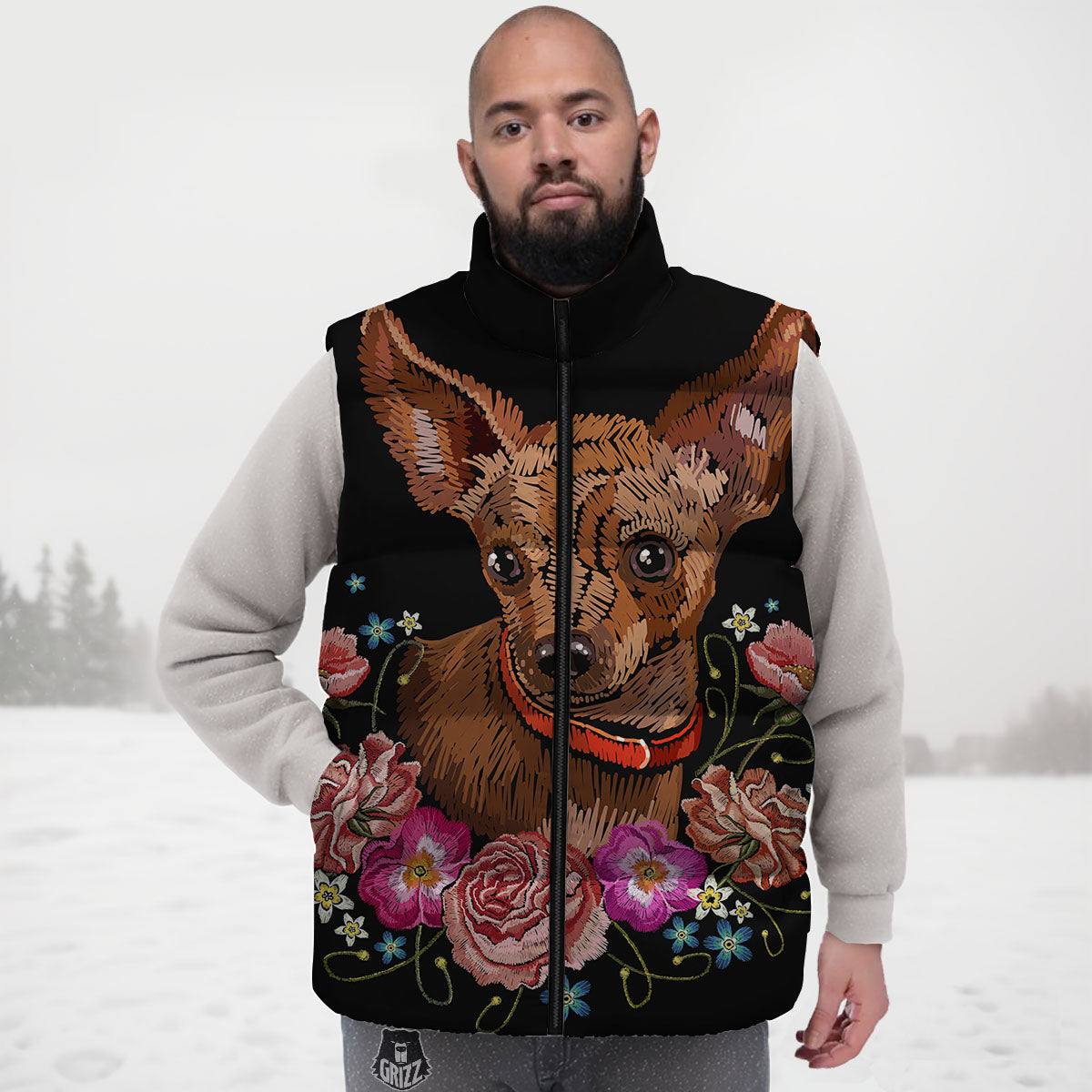 Flower And Chihuahua Embroidery Print Down Vest