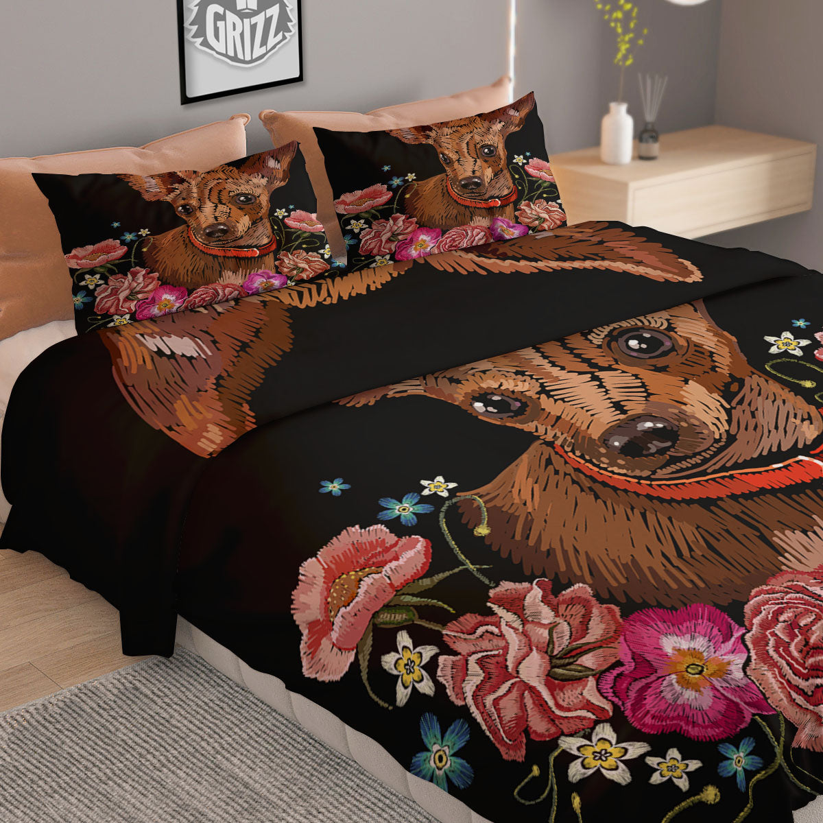 Flower And Chihuahua Embroidery Print Duvet Cover Bedding Set
