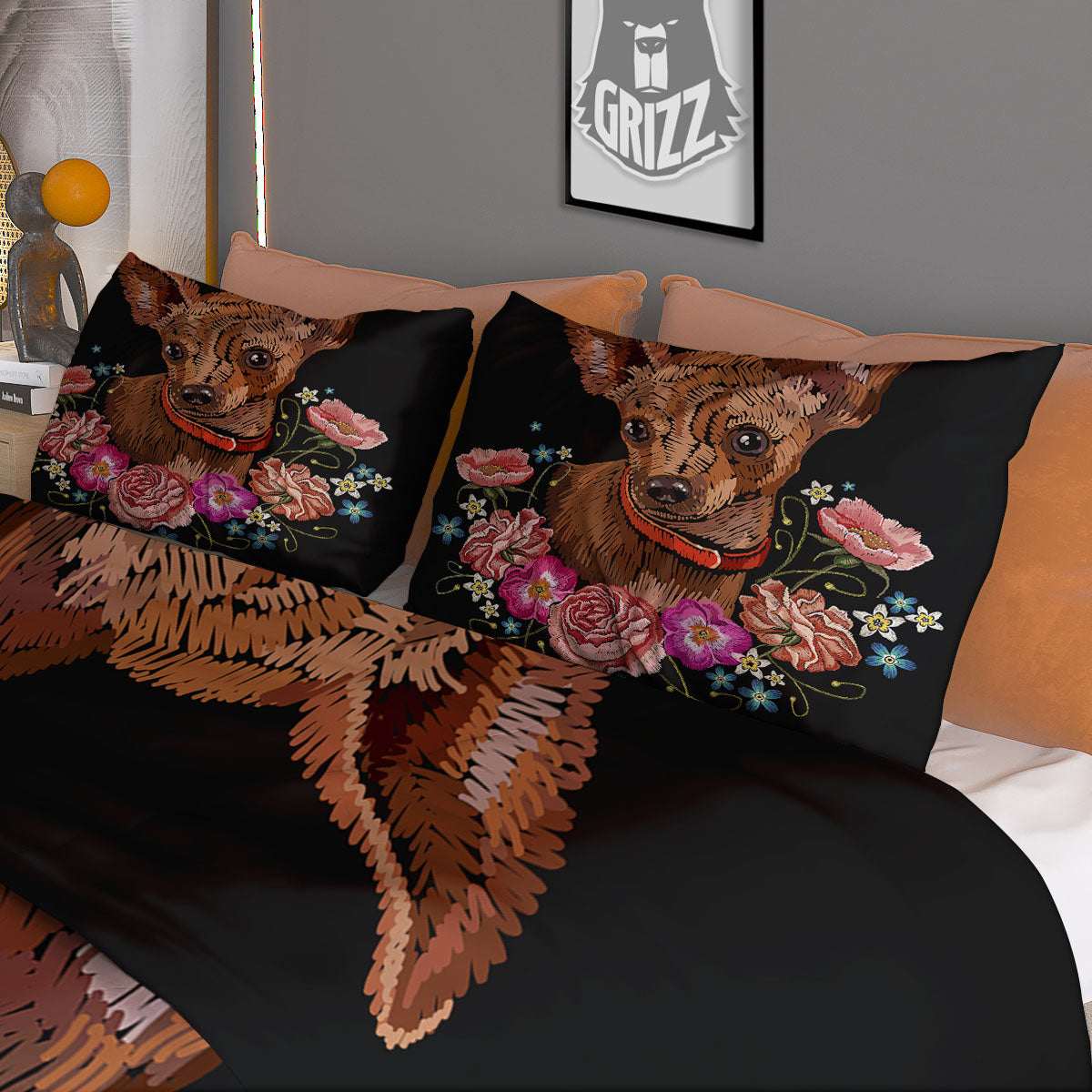 Flower And Chihuahua Embroidery Print Duvet Cover Bedding Set