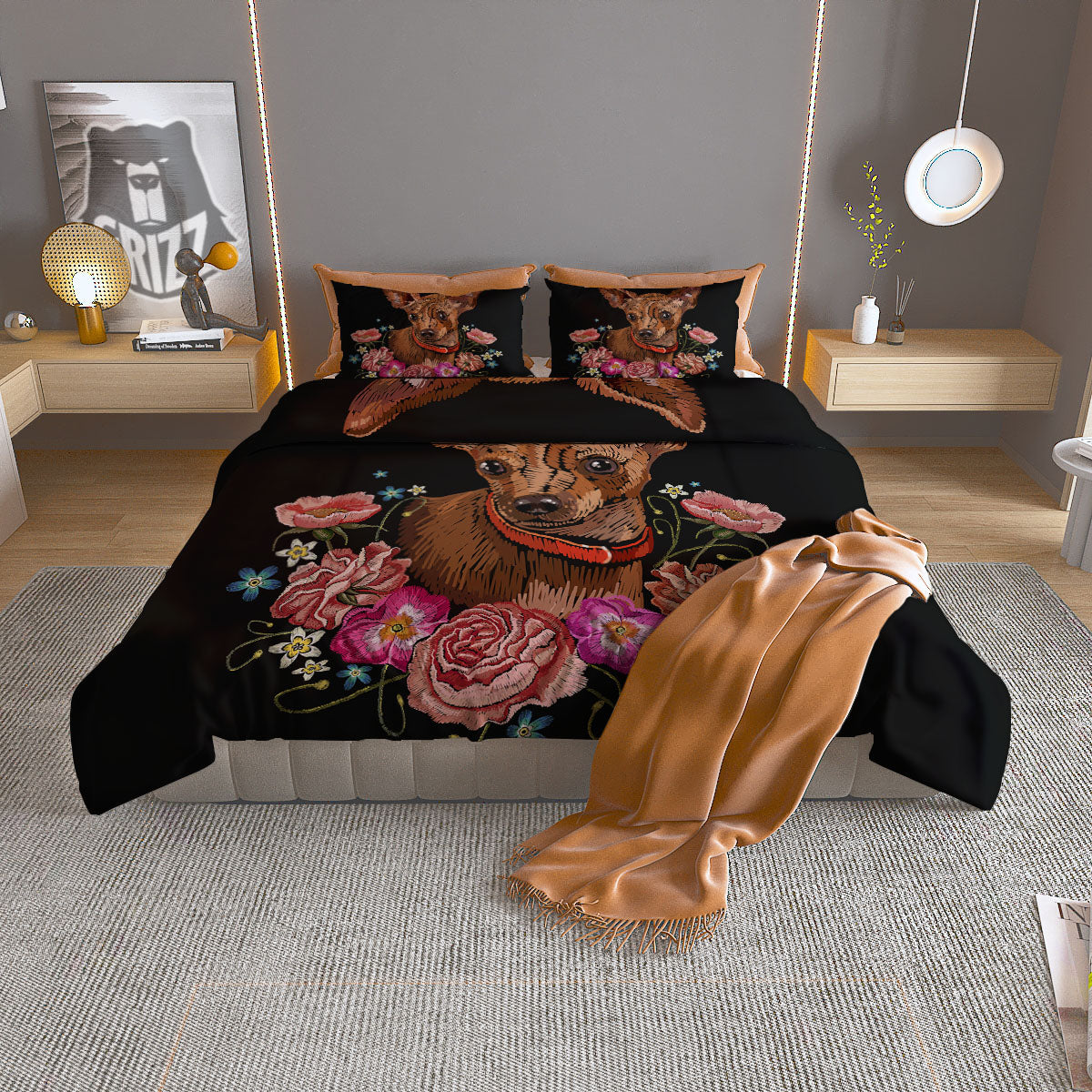 Flower And Chihuahua Embroidery Print Duvet Cover Bedding Set