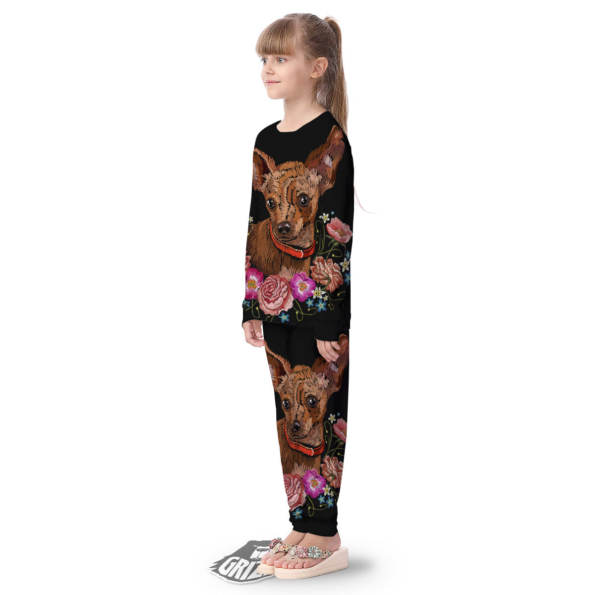 Flower And Chihuahua Embroidery Print Kid's Pajamas-grizzshop