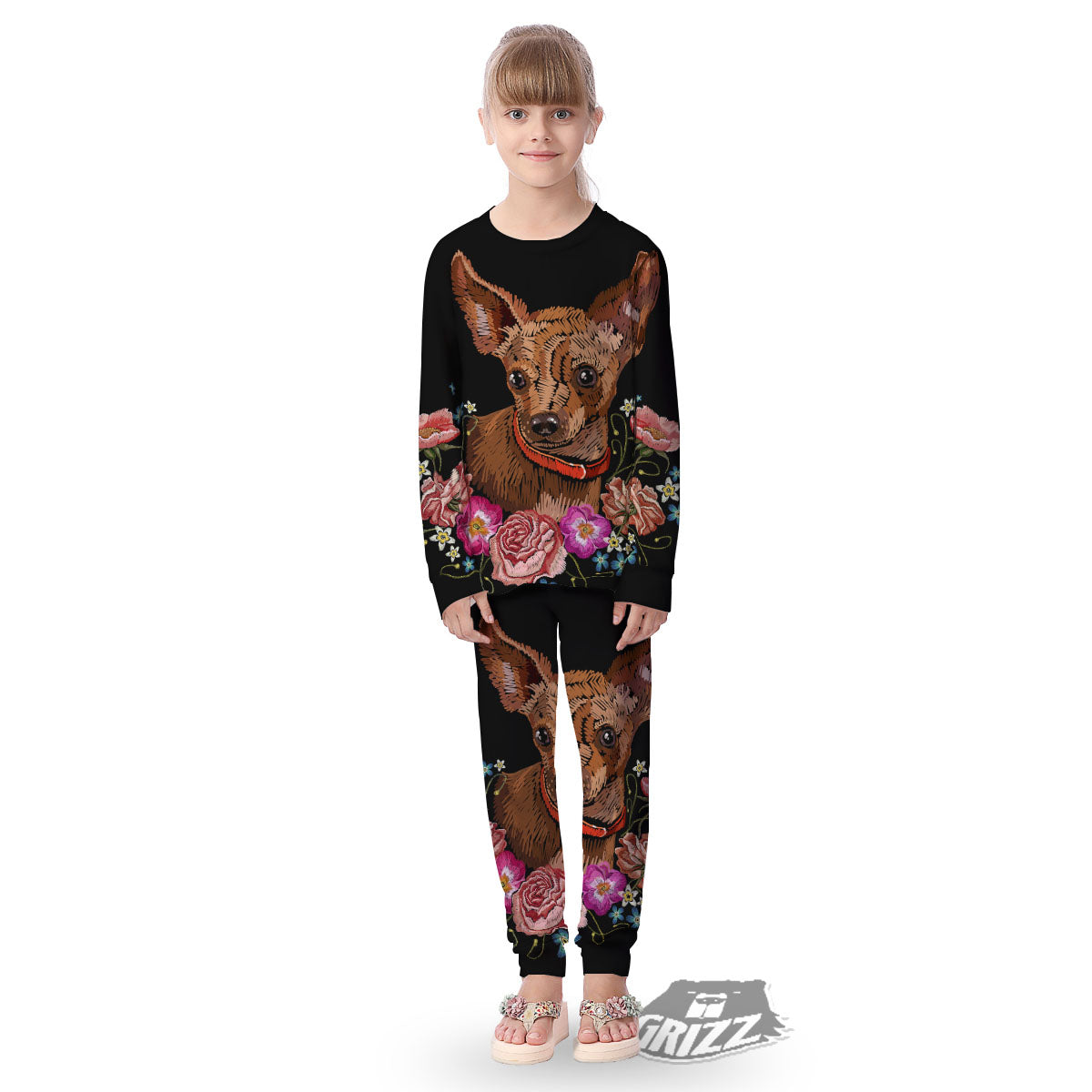 Flower And Chihuahua Embroidery Print Kid's Pajamas-grizzshop