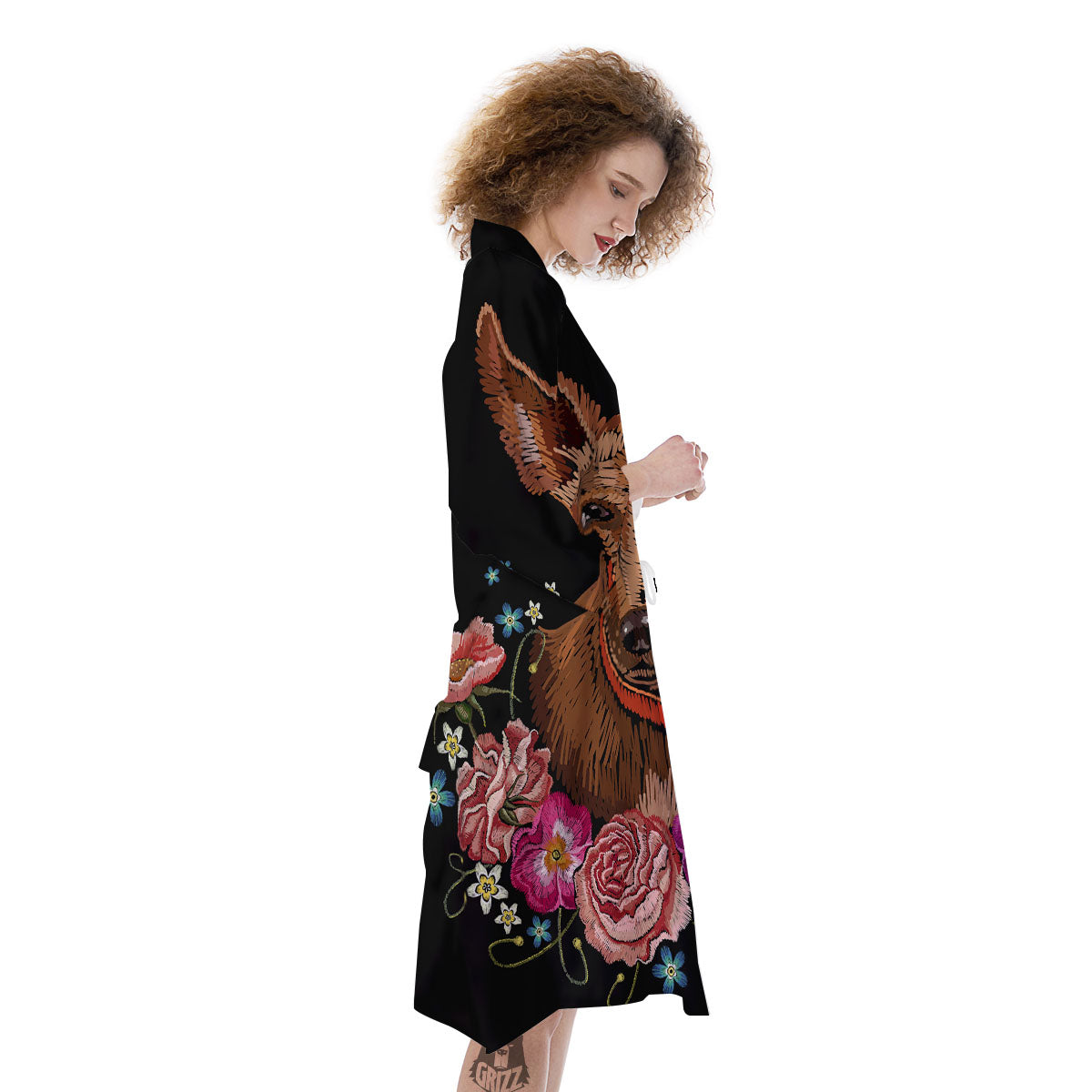 Flower And Chihuahua Embroidery Print Kimono-grizzshop