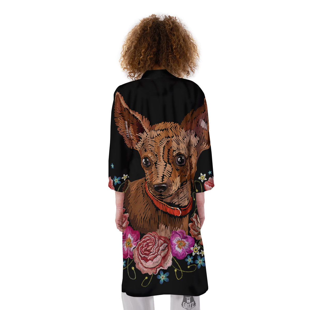 Flower And Chihuahua Embroidery Print Kimono-grizzshop