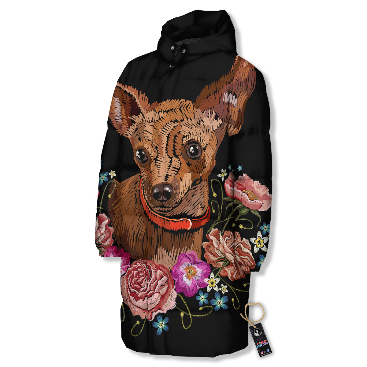 Flower And Chihuahua Embroidery Print Long Down Jacket-grizzshop