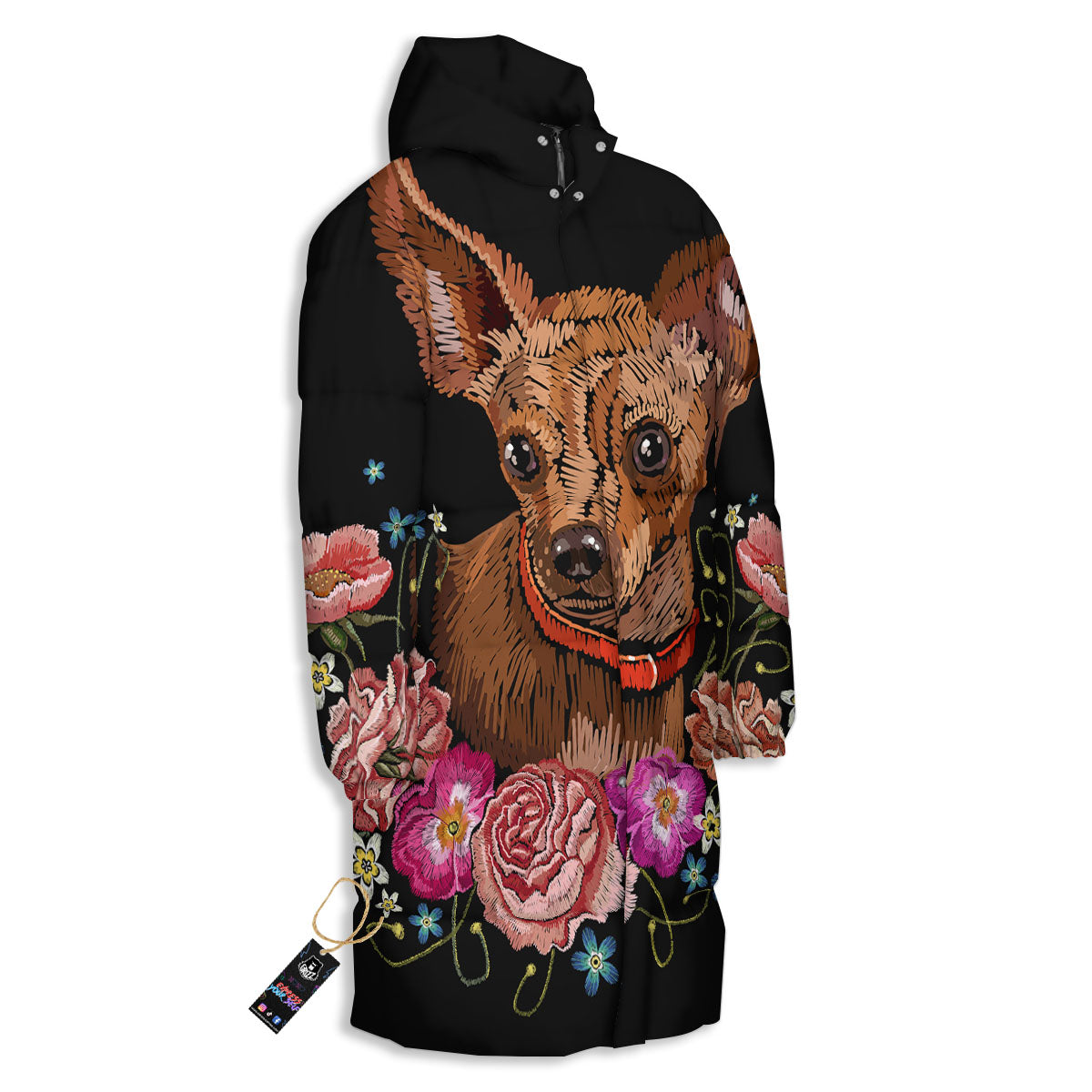 Flower And Chihuahua Embroidery Print Long Down Jacket-grizzshop