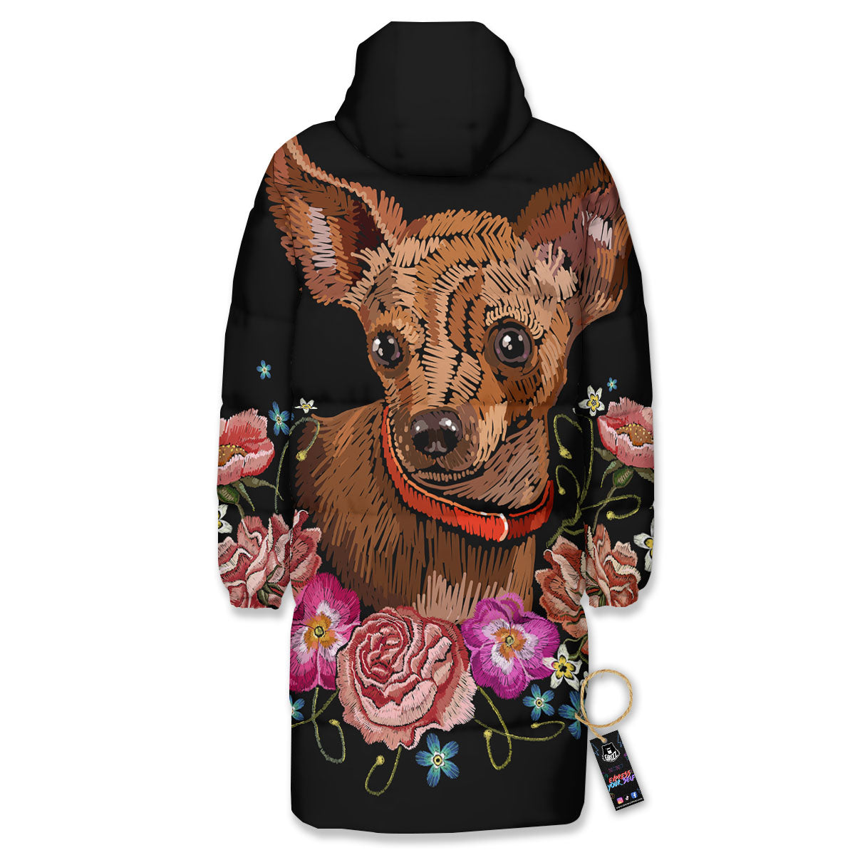 Flower And Chihuahua Embroidery Print Long Down Jacket-grizzshop