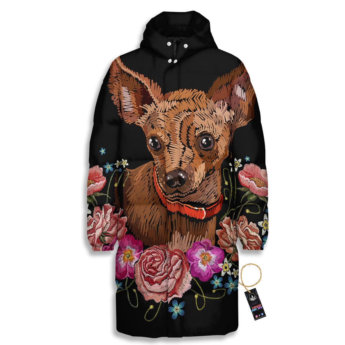 Flower And Chihuahua Embroidery Print Long Down Jacket-grizzshop